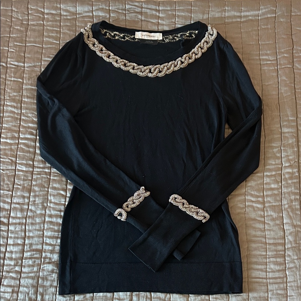 Viktor & Rolf Black Top with Beaded Chain Detail